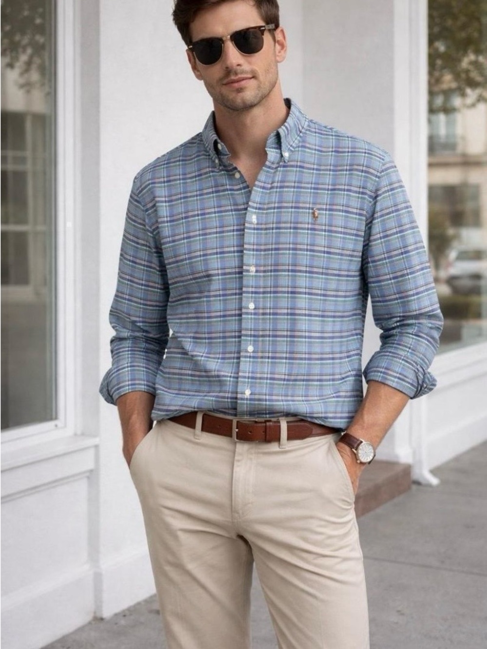 Ralph Lauren Light Blue Plaid Button-Down Cotton Office work Shirt Medium